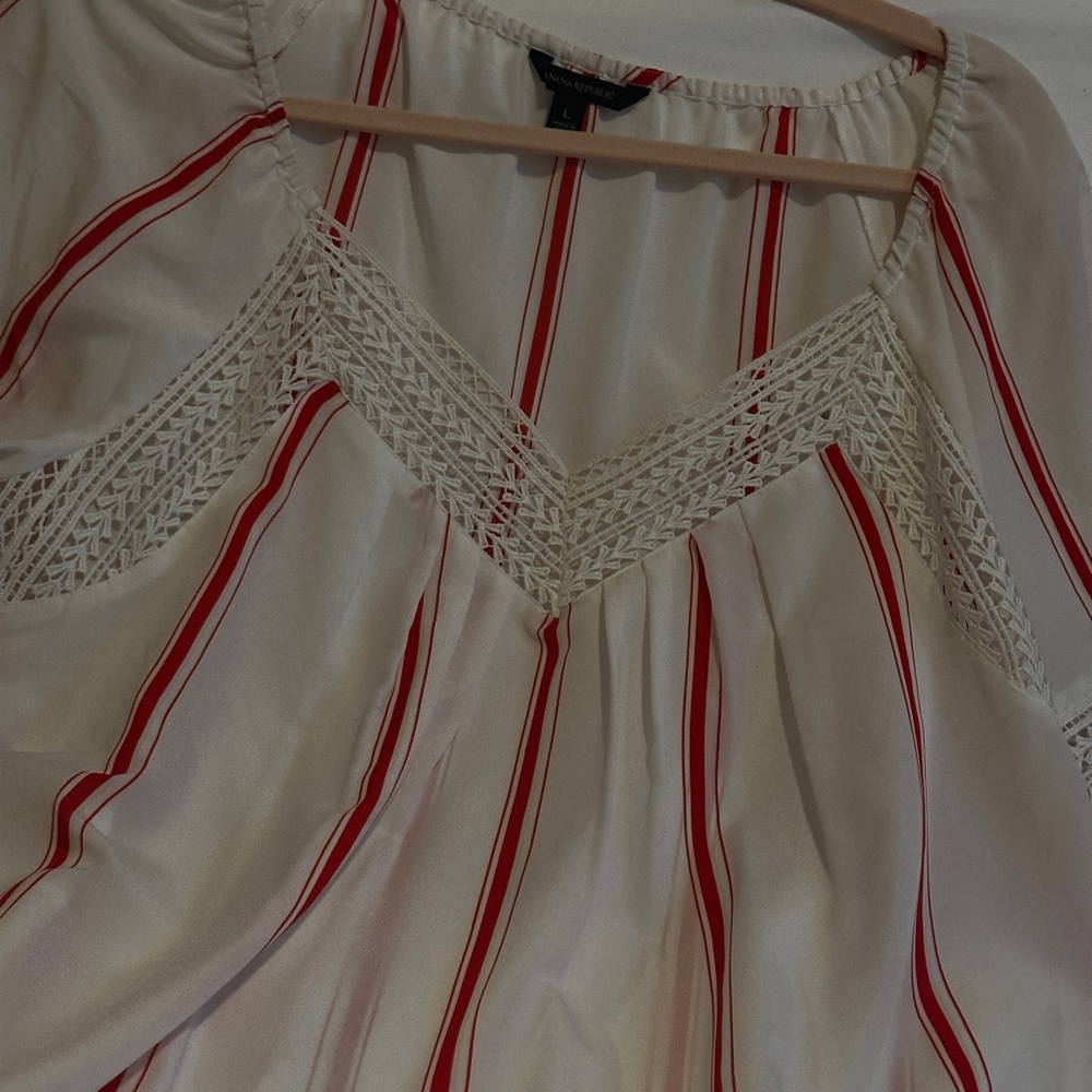 Banana Republic Semi-Sheer White Blouse with Red Stripes and Crochet Trim - Picture 2 of 9